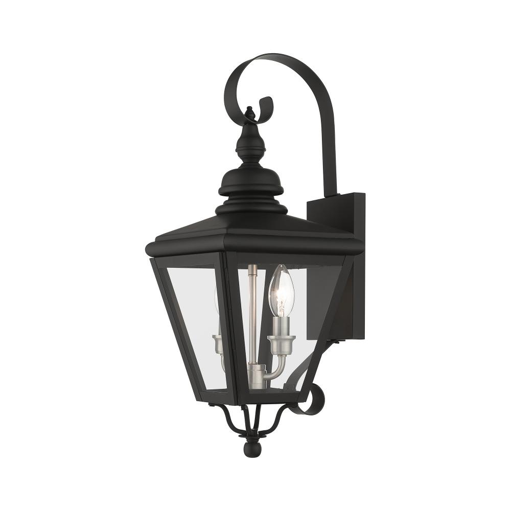 2 Light Black Outdoor Medium Wall Lantern with Brushed Nickel Finish Cluster