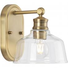 PROGRESS LIGHTING P300395-163 - Singleton Collection One-Light 7.62" Vintage Brass Farmhouse Vanity Light with Clear Glass Shade