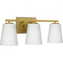 PROGRESS LIGHTING P300463-191 - Vertex Collection Three-Light Brushed Gold Etched White Glass Contemporary Bath Light