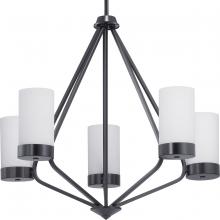 PROGRESS LIGHTING P400022-031 - Elevate Collection Five-Light Matte Black Etched White Glass Mid-Century Modern Chandelier Light