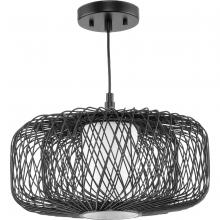 PROGRESS LIGHTING P500396-202 - Cordova Collection Medium One-Light Black Rattan Organic Modern Pendant with White Linen