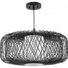 PROGRESS LIGHTING P500397-202 - Cordova Collection One-Light Black Large Rattan Organic Modern Pendant with White Linen Shade