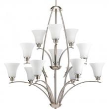 PROGRESS LIGHTING P4497-09 - Joy Collection Twelve-Light Brushed Nickel Etched White Inside Glass Traditional Chandelier Light