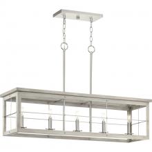 PROGRESS LIGHTING P400254-009 - Hedgerow Collection Five-Light Brushed Nickel and Grey Washed Oak Farmhouse Style Linear Island Chan