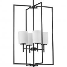 PROGRESS LIGHTING P500206-031 - Replay Collection Four-Light Textured Black Etched White Glass Modern Pendant Light