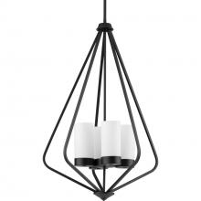 PROGRESS LIGHTING P500305-031 - Elevate Collection Four-Light Matte Black and Etched White Glass Modern Style Hanging Pendant Light