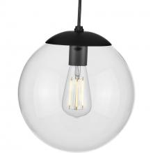 PROGRESS LIGHTING P500310-031 - Atwell Collection 10-inch Matte Black and Clear Glass Globe Medium Hanging Pendant Light