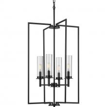 PROGRESS LIGHTING P500315-031 - Kellwyn Collection Four-Light Matte Black and Clear Glass Transitional Style Foyer Pendant Light