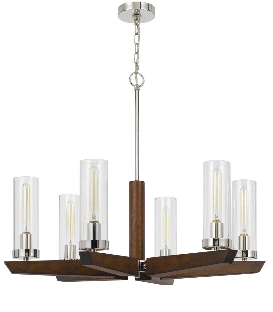 60W X 6 Ercolano Pine Wood/Metal Chandelier with Clear Glass Shade (Edison Bulbs Not Included)