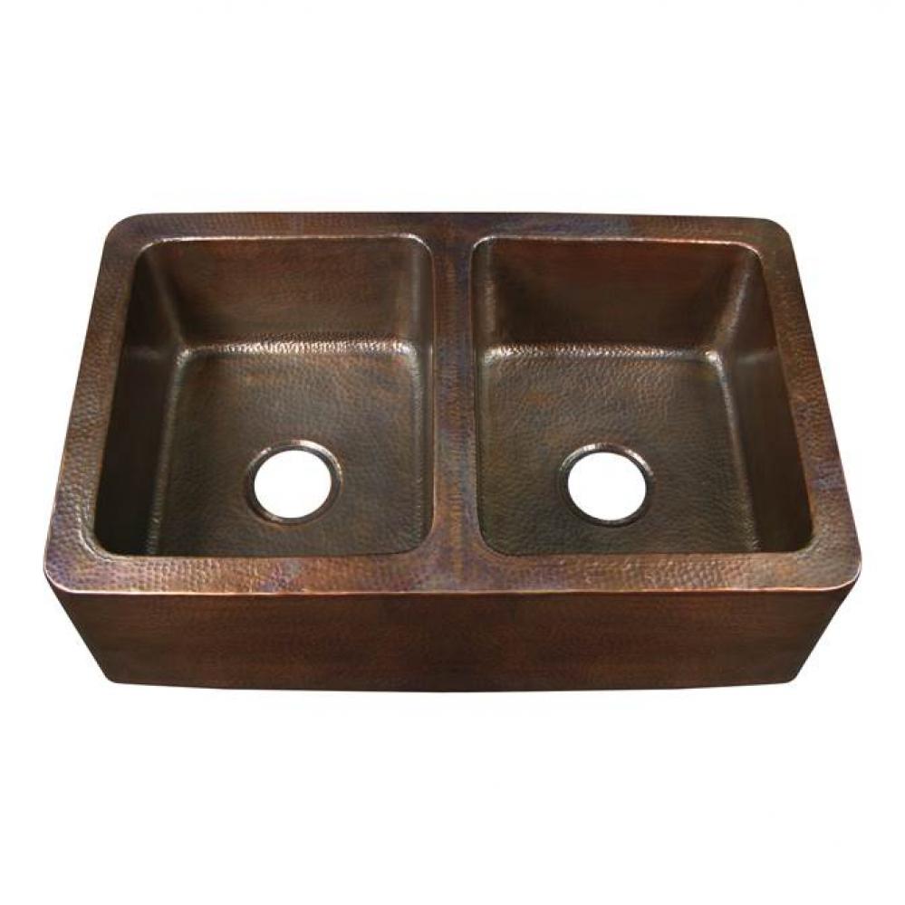 Pembroke Double Bowl Farmer Sink, Hammered Antique Copper