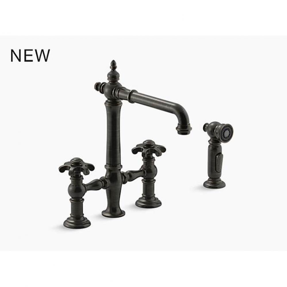 Artifacts® deck-mount bridge kitchen sink faucet with prong handles and sidespray