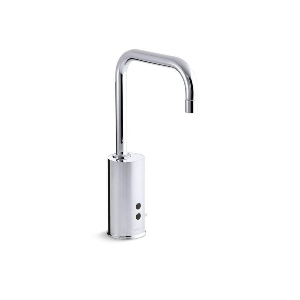 Gooseneck Widespread commercial lavatory faucet with sculpted lever handles, metal drain, red/blue