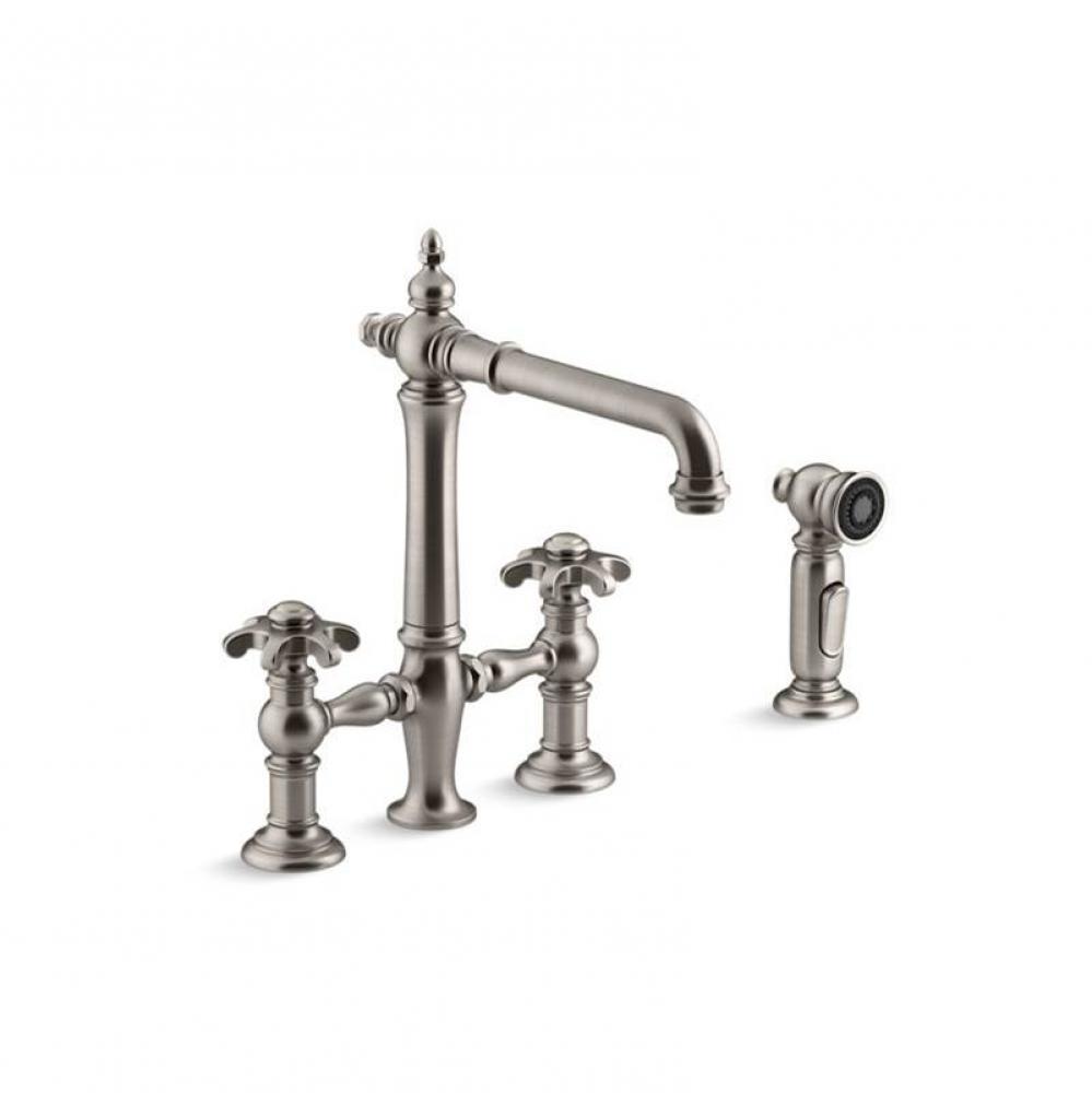Artifacts® deck-mount bridge kitchen sink faucet with prong handles and sidespray