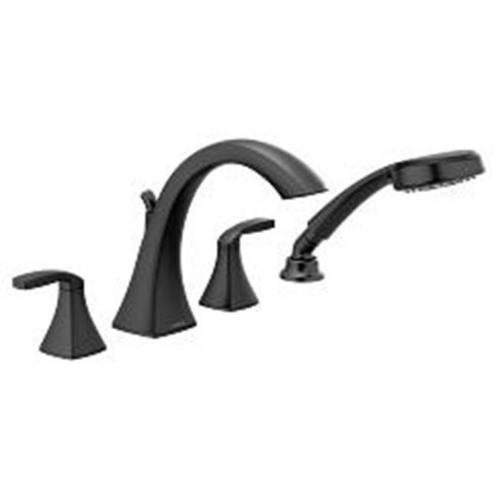 Matte black two-handle roman tub faucet includes hand shower