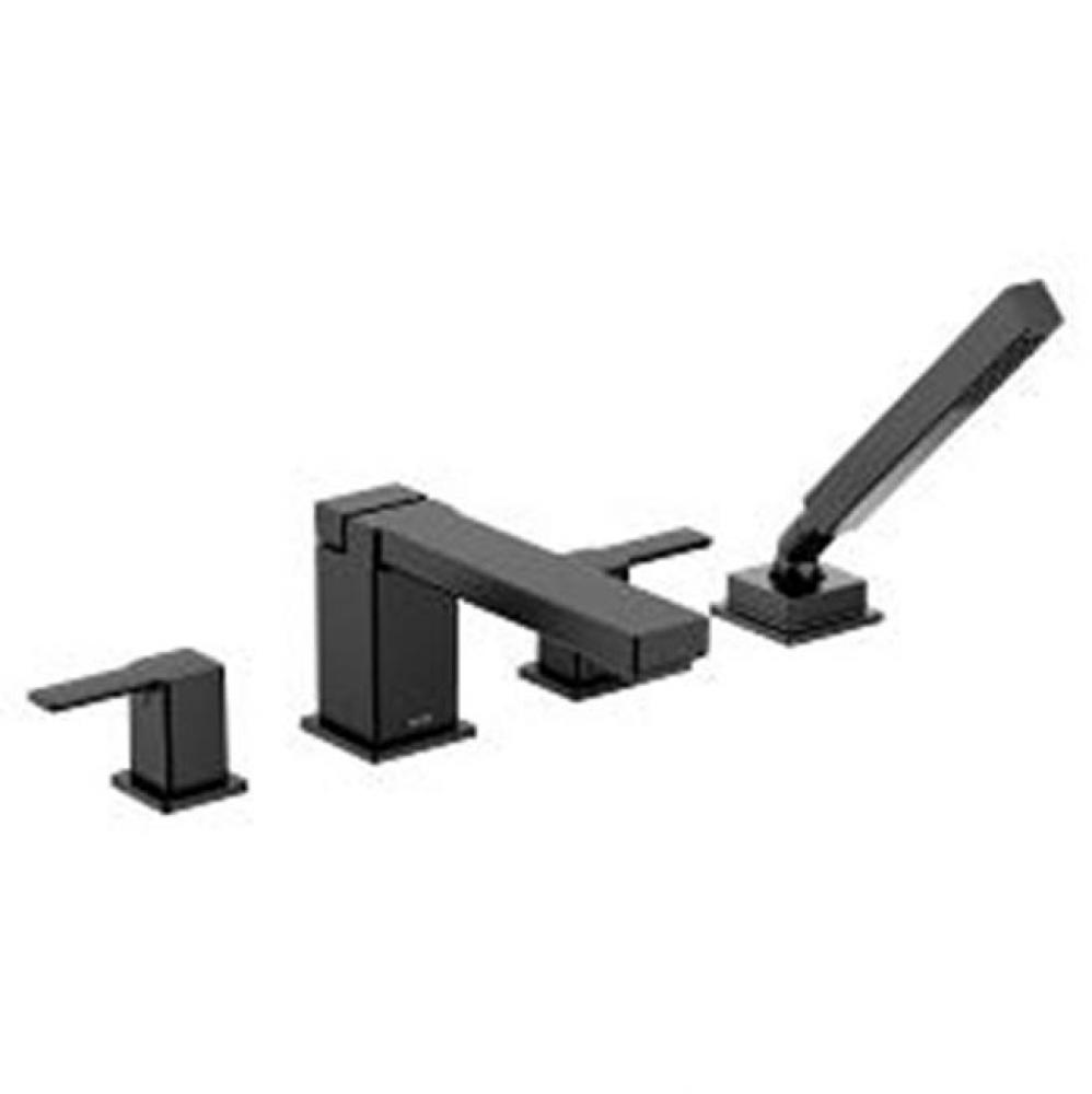 Matte black two-handle roman tub faucet includes hand shower